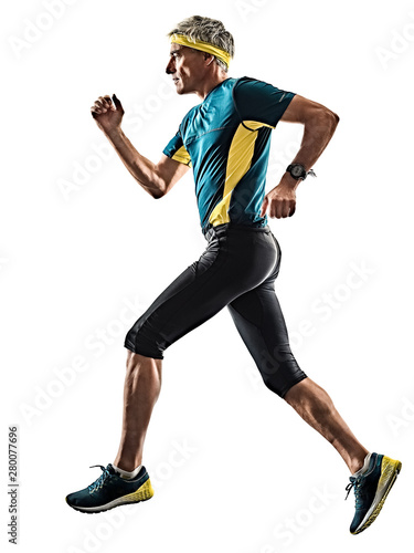 one caucasian senior man running runner jogger jogging in studio shadow silhouette isolated on white background
