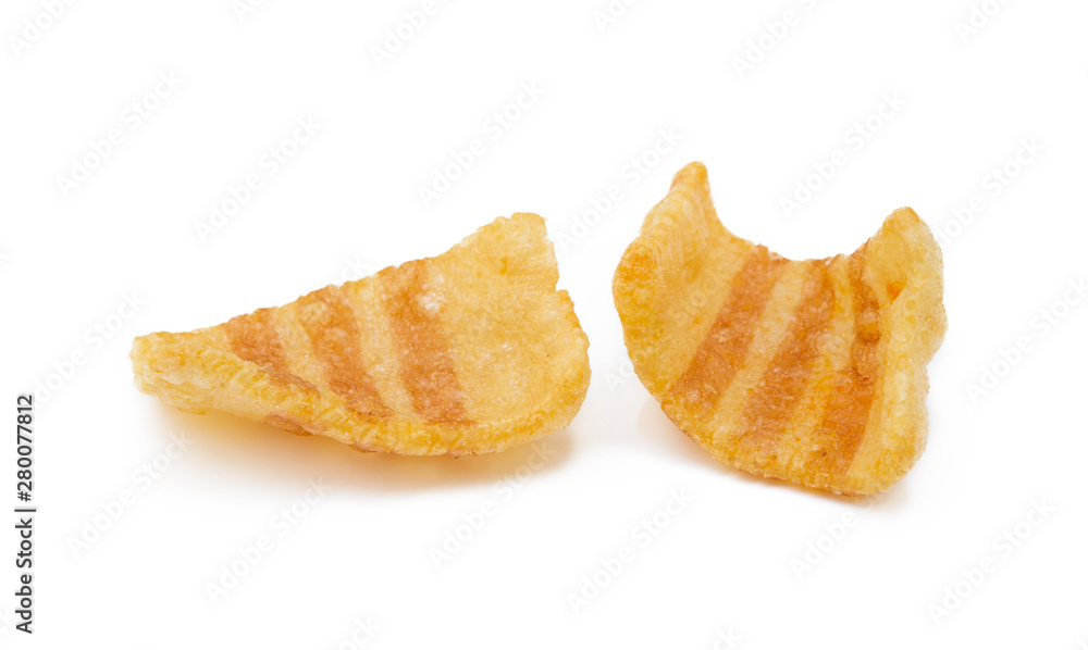 Fried wheat potato snack with smoked bacon flavor isolated on white background Fried wheat potato snack with smoked bacon flavor isolated on white background