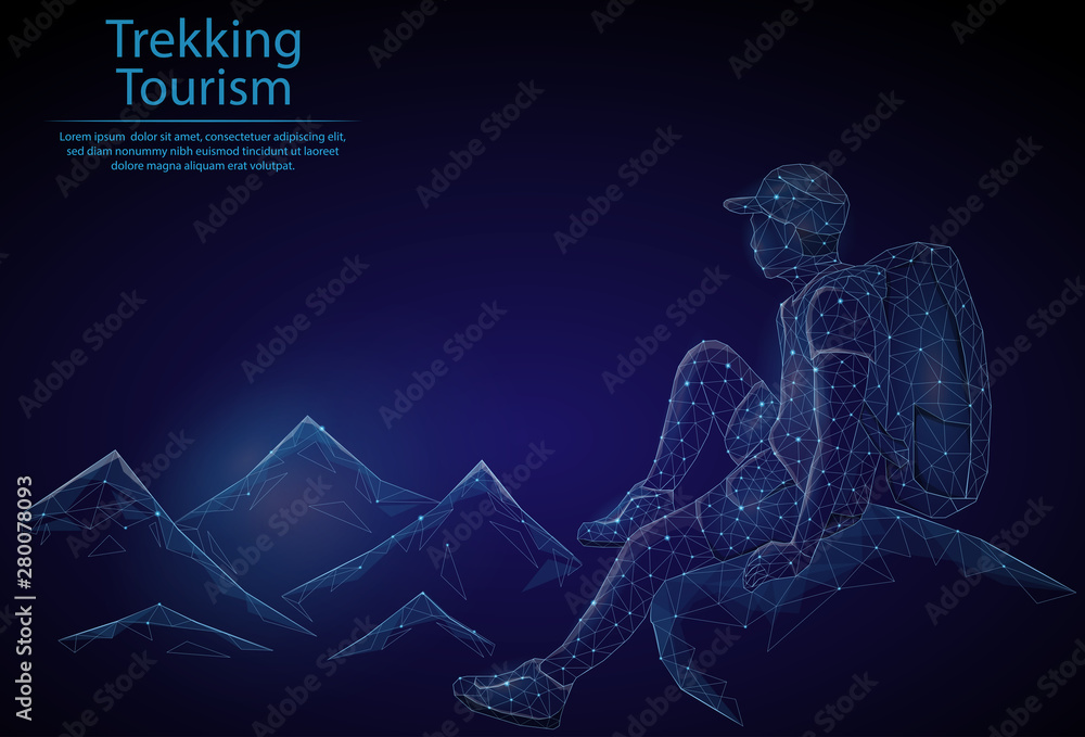Φωτογραφία Abstract image of a traveler in the mountains in the form of a starry sky or space, consisting of points, lines, and shapes in the form of planets, stars and the universe