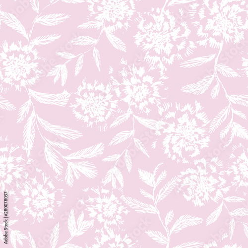 Vector baby pink floral seamless pattern. Pencil sketch of flowers. Hand drawn artwork for wedding invitations, baby shower.