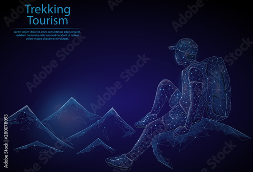 Abstract image of a traveler in the mountains in the form of a starry sky or space, consisting of points, lines, and shapes in the form of planets, stars and the universe. Low poly vector background.