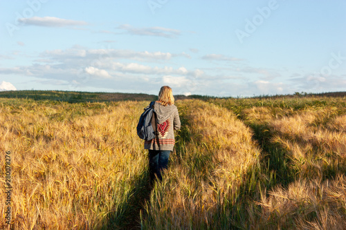 The summer landscape is a golden field in the evening with stripes of light from the setting sun and a young woman with a backpack walking across the field against a blue sky with white clouds.