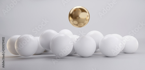 Photography golden sphere with pile of white spheres 3d-illustration