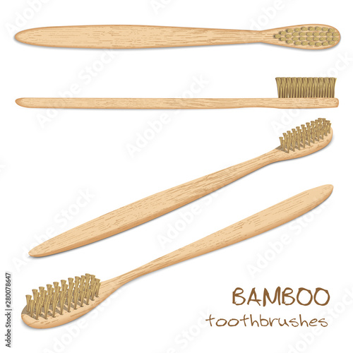 Bamboo toothbrushes. Varicoloured, natural bristle. Zero waste, Biodegradable material. Eco-friendly products. Isolated on white background. Different viewpoint angle. Vector illustration.