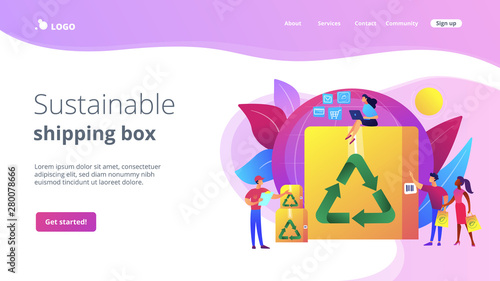 Eco friendly and recyclable container. Low impact packaging, sustainable shipping box, innovative packaging materials, ecommerce trends concept. Website homepage landing web page template.