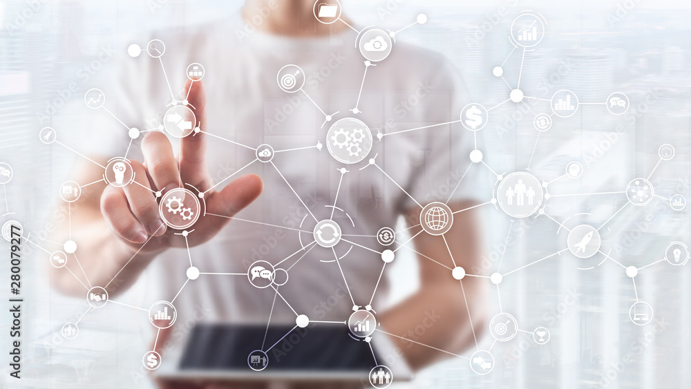 Business process structure industrial workflow diagram automation innovation concept on virtual screen mixed media Business process structure industrial workflow diagram automation innovation concept on virtual screen mixed media