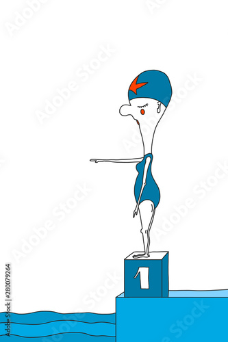 swimmer in the pool on the table with the number one in the competition in blue and red element on the cap. Vector illustration.