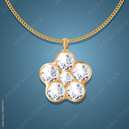 Necklace with pendant on a gold chain. With six large diamonds. Decoration for women. Isolated. On a dark background. Vector illustration