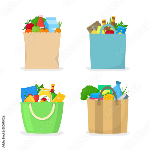 Cartoon Color Shopping Bag with Food Icon Set. Vector
