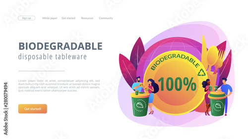 Coffee cup alternative zero waste material. Biodegradable disposable tableware, microplastic free straws, biodegradable plates and bowls concept. Website homepage landing web page template.