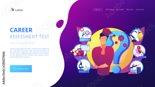 Postgraduate, career opportunities for young specialist. College choice advisor, college rankings, career assessment test concept. Website homepage landing web page template.