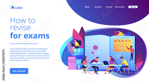 Preparing test together. Learning and studying with friends. Effective revision, revision timetables and planning, how to revise for exams concept. Website homepage landing web page template.