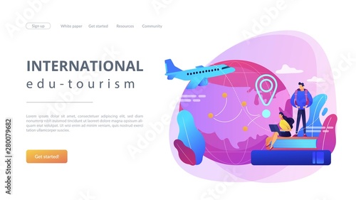 Worldwide travel, school adventure. Tourist trip, students on holidays. Educational tourism, international edu-tourism, best study tours concept. Website homepage landing web page template.