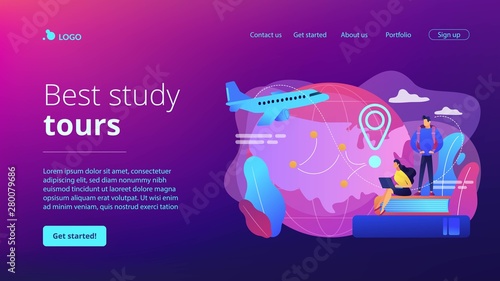 Worldwide travel, school adventure. Tourist trip, students on holidays. Educational tourism, international edu-tourism, best study tours concept. Website homepage landing web page template.