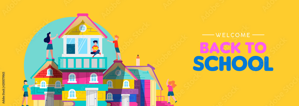 Back to school banner of kids making book house