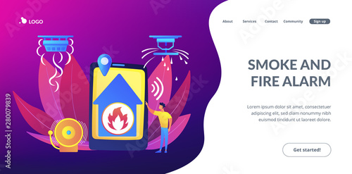 Flame in house remote notification. Smart home, high tech. Fire alarm system, fire prevention methods, smoke and fire alarm concept. Website homepage landing web page template.