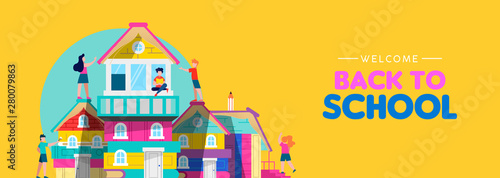 Back to school banner of kids making book house
