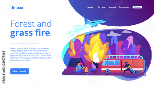 Firefighting emergency service. Fireman with hose character. Prevention of wildfire, forest and grass fire, conflagration safety engineering concept. Website homepage landing web page template.