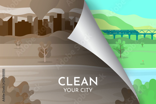 Vector illustration.  Abstract background in a flat style.  Landscape of the city with park and lake in the foreground.  Ecological concept.  The contaminated city turns into a clean. Creative idea. 