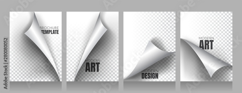 Set of A4 format sheets with curved corners. Vector illustration. Templates with shadows. Foil. Glossy business paper. Eps 10. Layout for use in design