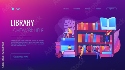 Reading books, encyclopedias. Students studying, learning. Public library events, free tutoring and workshops, library homework help concept. Website homepage landing web page template.