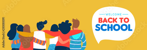 Back to school diverse student friend group banner