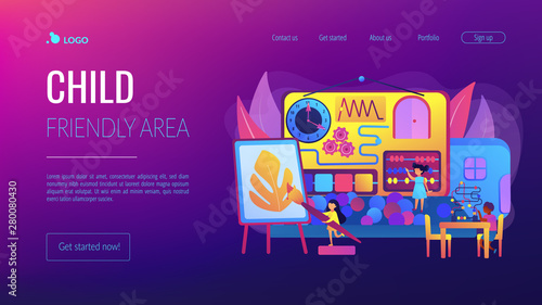Children playing with toys. Kids entertainment and education. Child friendly area, kid friendly place, you are welcome here with your child concept. Website homepage landing web page template.