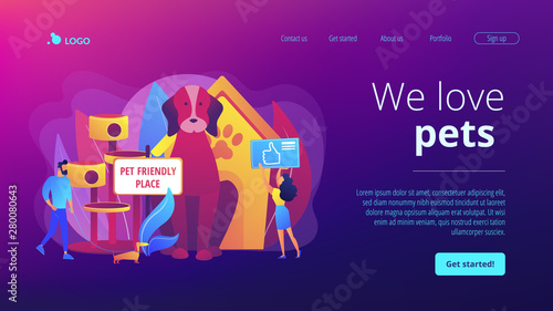Pet-friendly, animal friendly hotel, restaurant, bar amenities Pet friendly place, we love pets, best place to stay with pets concept. Website homepage landing web page template.