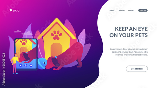 Dog walker and petsitter application on smartphone. Robotic pet sitters, interactive pets entertainment, keep an eye on your pets concept. Website homepage landing web page template.