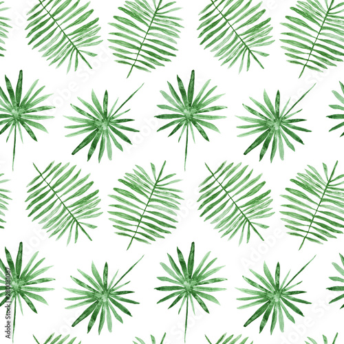 Green palm leaves, tropical watercolor painting - hand drawn seamless pattern on white background