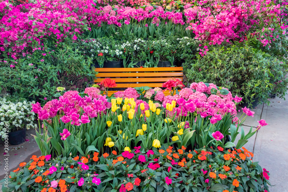 Colorful gardens and lounge chairs in the garden