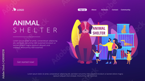Family in shelter choosing puppy. Homeless dogs in cages. Animal shelter, rescues for pet adoption, come to pick a friend concept. Website homepage landing web page template.