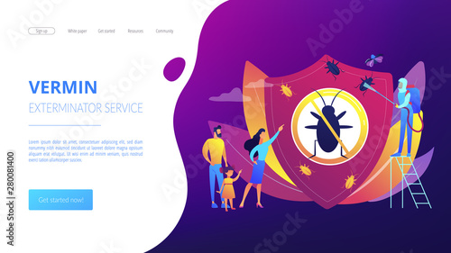 Sanitary domestic disinfection. Chemical treatment insects. Home pest insects control, vermin exterminator service, insect thrips equipment concept. Website homepage landing web page template.