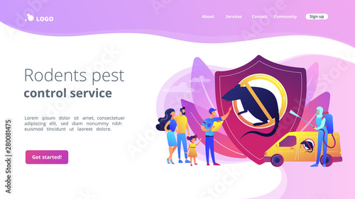 Sanitary domestic disinfection. Pest extermination equipment. Rodents pest control service, rodent proofing service, rodent trapping program concept. Website homepage landing web page template.