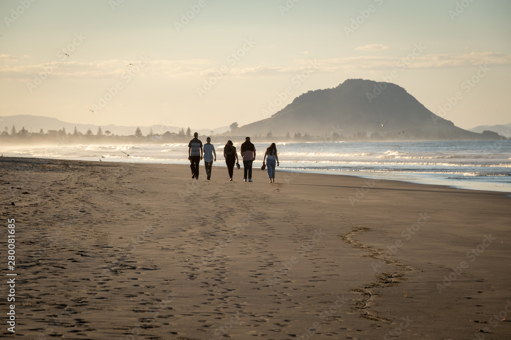 group of five people walking away from camera, in the distance on the beach