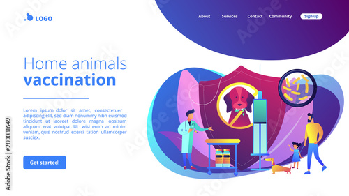 Pet care. Animal protection. Veterinary service, vet hospital. Rabies and your pet, home animals vaccination, rabies prevention program concept. Website homepage landing web page template.
