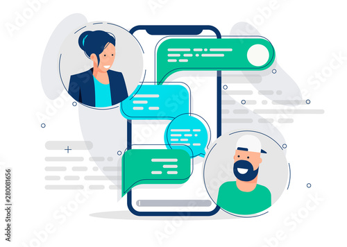 Vector illustration of mobile chat communication template between a girl and a man, cloud with text in messenger