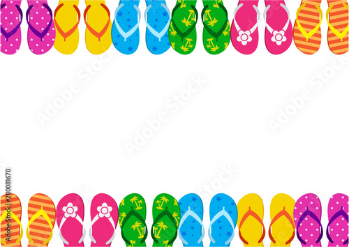 Summer funny background with bright colorful flip flop, foot wear. Space for your text. Vector illustration