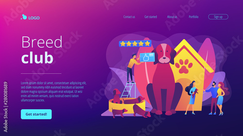 Dog breeding, buying puppy at pet store. Domestic animal. Couple adopting puppy. Breed club, top breed standard, buy your purebred pet here concept. Website homepage landing web page template.