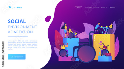 Social adjustment. People with special needs. Social adaptation of disabled people, social environment adaptation, social technologies concept. Website homepage landing web page template.