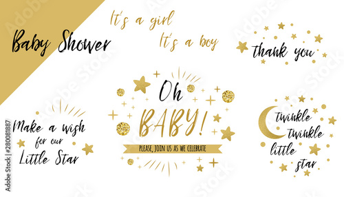 Baby shower set gold templates Twinkle twinkle little star text Oh baby glitter star invtation thank you card