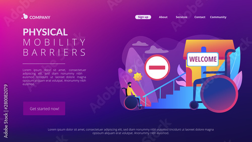 Structural obstacles. Prevent access, block mobility. Inaccessible environments, physical mobility barriers, problems of disabled people concept. Website homepage landing web page template.