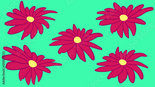 five dark pink daisies with a yellow center on a turquoise background