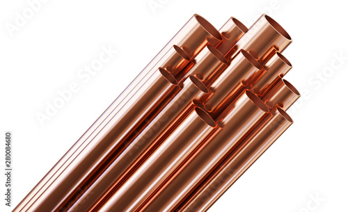 Copper pipes isolated on white background. Clipping path included. photo