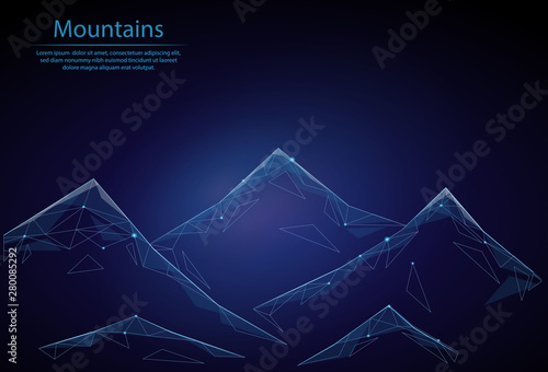 Abstract image of a mountains in the form of a starry sky or space, consisting of points, lines, and shapes in the form of planets, stars and the universe. Low poly vector background.