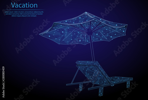 Abstract image beach chair and umbrella in the form of a starry sky or space, consisting of points, lines, and shapes in the form of planets, stars and the universe. Low poly vector background.