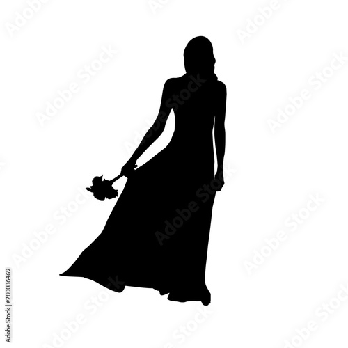 Black fashion vector silhouette of beautiful young bride in flying dress