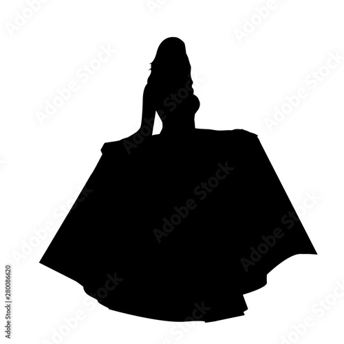 Vector black female silhouette of beautiful bride woman posing in big wedding dress