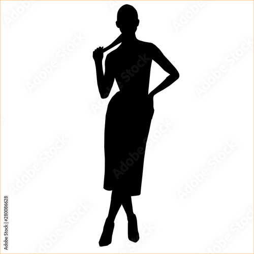 Vector black female silhouette of fashion woman isolated on white background