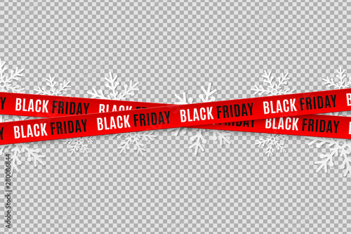 Red ribbons for black friday sale isolated on transparent background. Crossed ribbons. Snowflakes. Graphic elements. Vector illustration